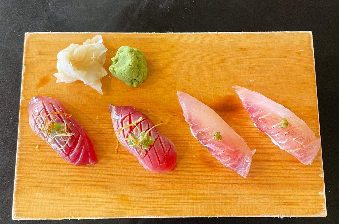 Miso Japanese Restaurant nigiri includes hon maguro, or bluefin tuna (left), and specials such as isaki, or threeline grunt (right).