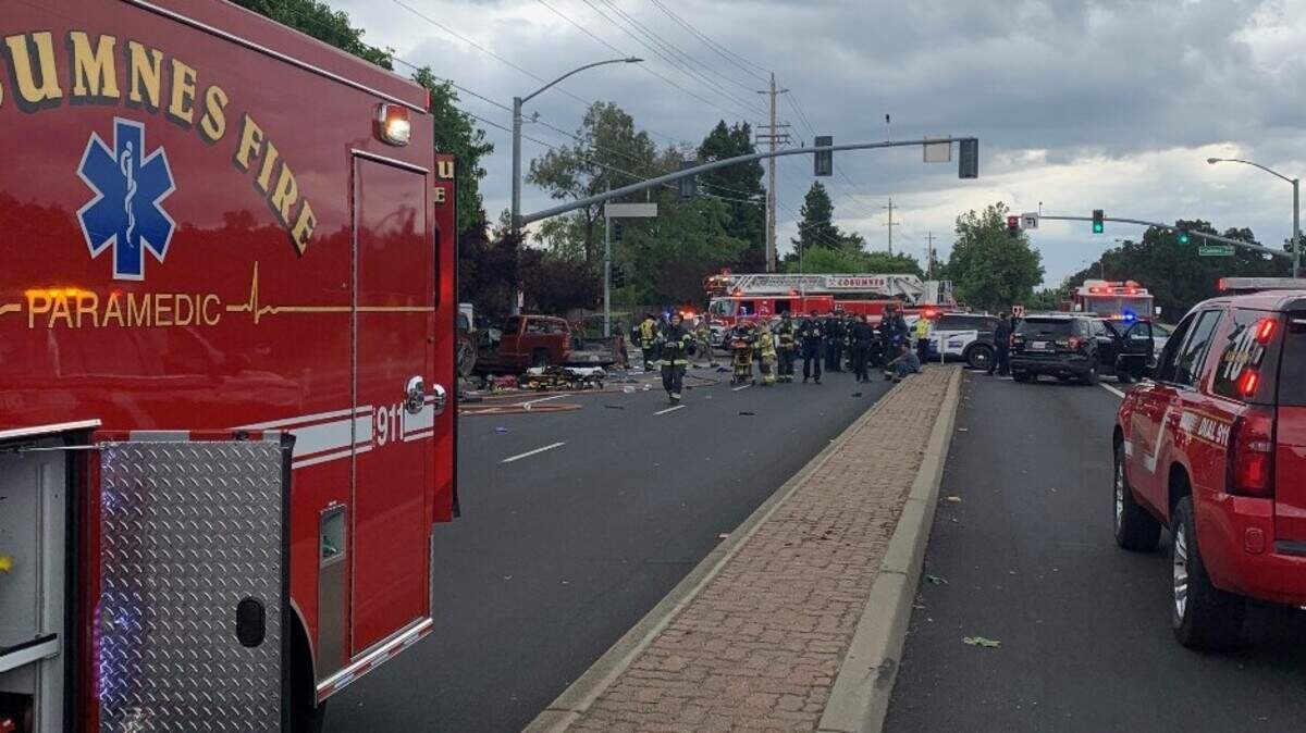A woman died and six people were hospitalized after a two-vehicle crash near Franklin Boulevard and Calvine Road in Sacramento on Thursday, May 4, 2023.