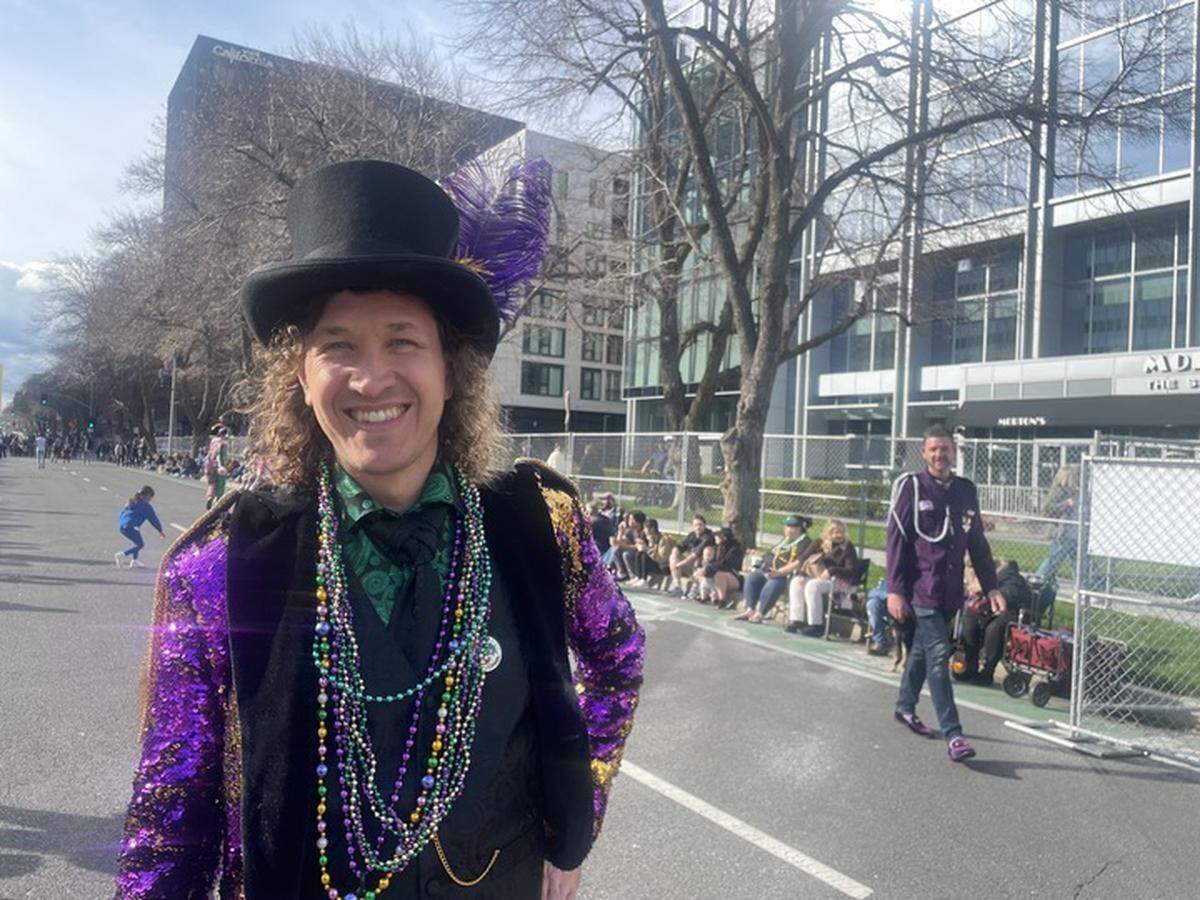 Wes Samms of the nonprofit Curiosity Collaborative organized the City of Trees Parade and Mardi Gras festival in downtown Sacramento on Saturday, March 9, 2024.