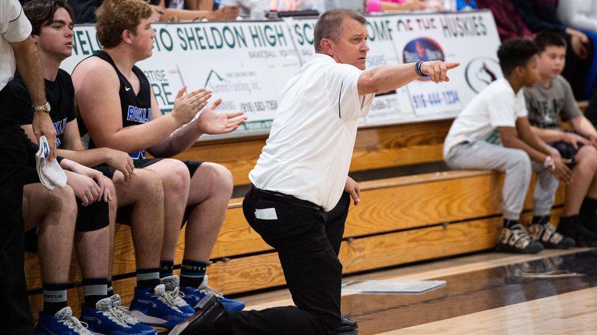 Rocklin head coach Steve Taylor directs his players against Sheldon in a Sac-Joaquin Section Division I playoff game in February.