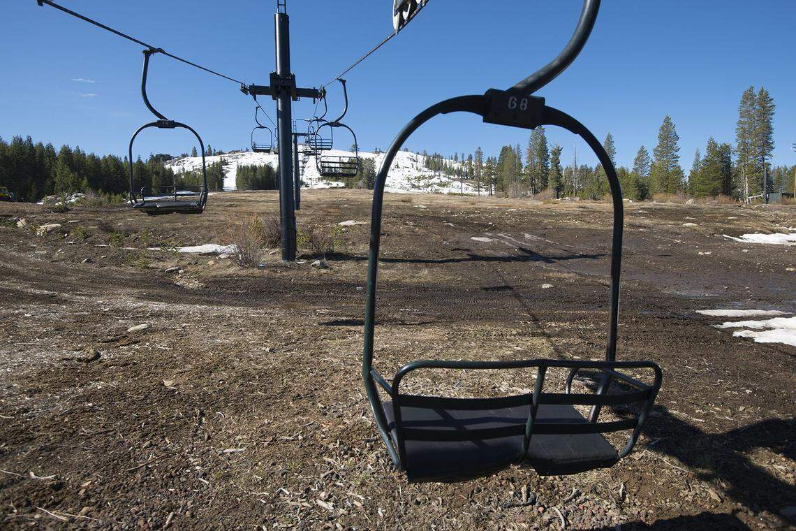 Ski lift chairs are idle at Soda Springs Mountain Resort in March 2015. It was one of several Tahoe-area ski resorts that closed early in the worst snow year on record. That year on April 1, the traditional end of snow season, California had 5% of its normal snowpack.