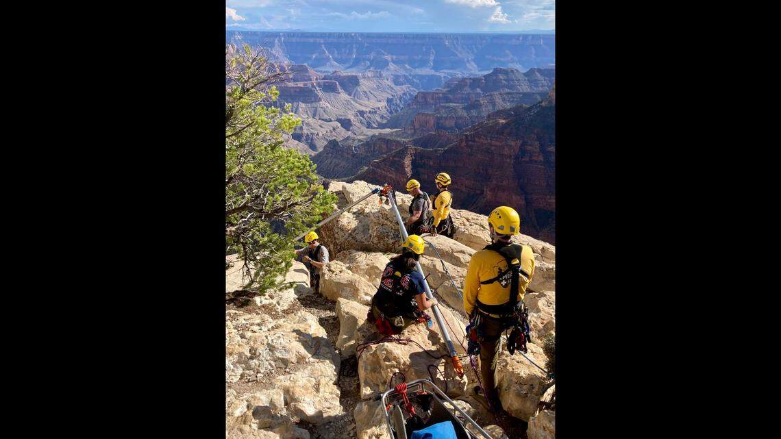 Emergency crews prepare for a rescue on the North Rim of the Grand Canyon. A 44-year-old man died in a 200-foot fall there on Friday, Aug. 26, rangers reported.