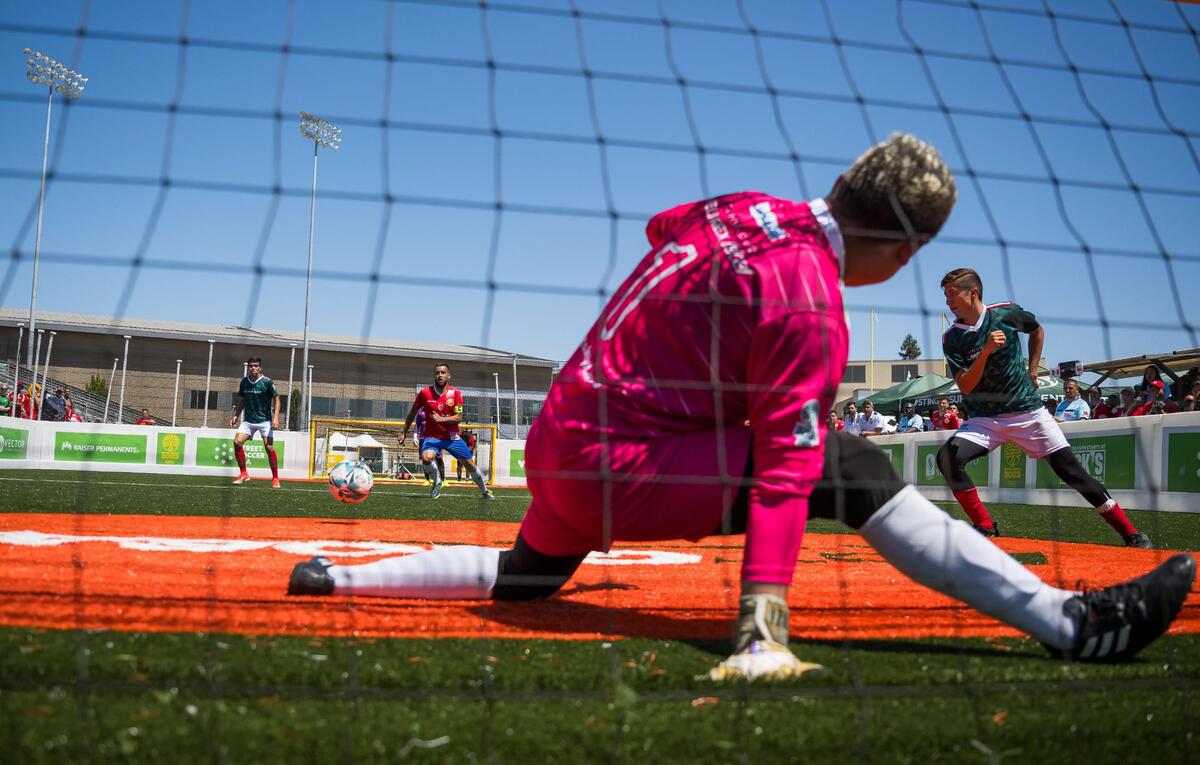 Mexico defends the net as Chile plays to win the men’s championship on the final day of the Homeless World Cup on Saturday, July 15, 2023, at Hornet Stadium at Sacramento State.