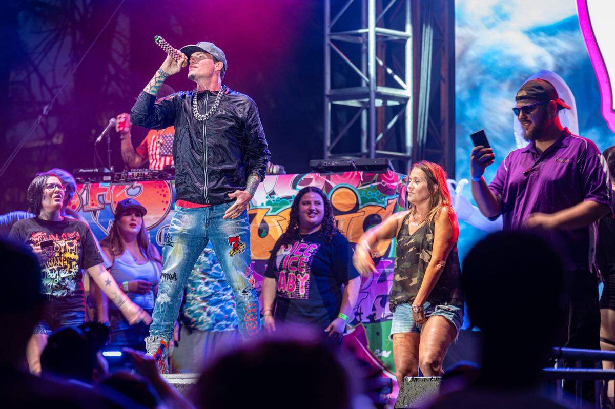 Vanilla Ice brings fans onto the Golden 1 Stage during the California State Fair at Cal Expo on Friday.