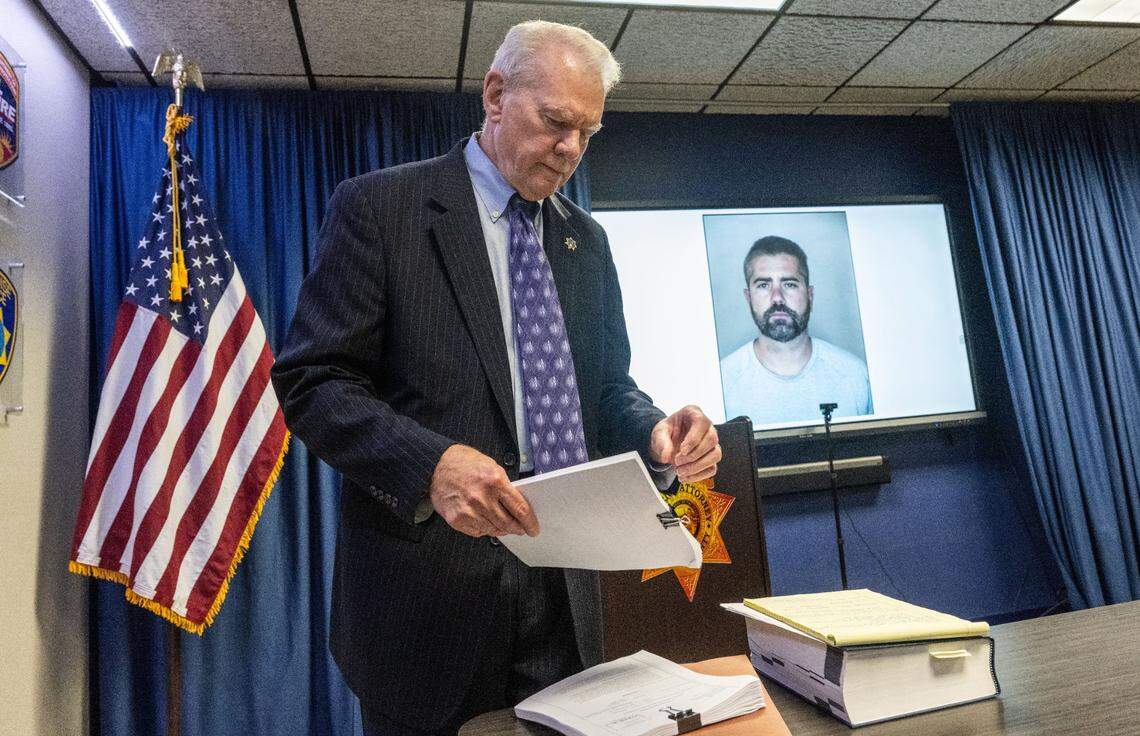 Butte County District Attorney Mike Ramsey holds papers he filed in Butte County Superior Court on Monday for the arraignment of Ronnie Dean Stout II, who was charged with arson in connection with the Park Fire. Stout did not enter a plea as he told investigators he didn’t start the fire on purpose, according to Ramsey.