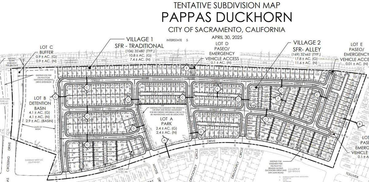 Pappas Investment submitted plans to the city of Sacramento on Thursday for a 275-lot subdivision located between Duckhorn Drive, San Juan Road and Interstate 5.