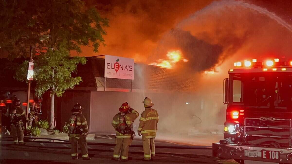 Crews from the Sacramento Metropolitan Fire District responded to flames from Sunday morning’s fire at Elena’s Kitchen & Catering in Carmichael. The inside of the restaurant was destroyed, officials said.