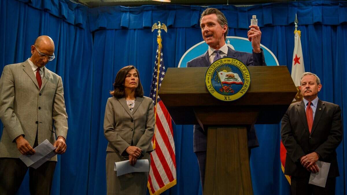 California Gov. Gavin Newsom declares a state of emergency over the coronavirus as a cruise ship that transported at least two infected passengers sailed toward the state on March 4, 2020. He also held up a bottle of hand sanitizer and said he will not allow price-gouging in the state of California.