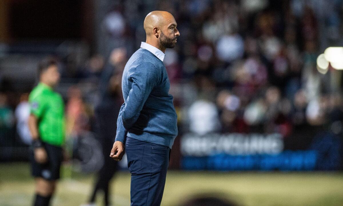 Sacramento Republic FC head coach Mark Briggs watches his team as they fall behind the Phoenix Rising during the USL Western Conference finals on Saturday, Nov. 4, 2023, at Heart Health Park in Sacramento.