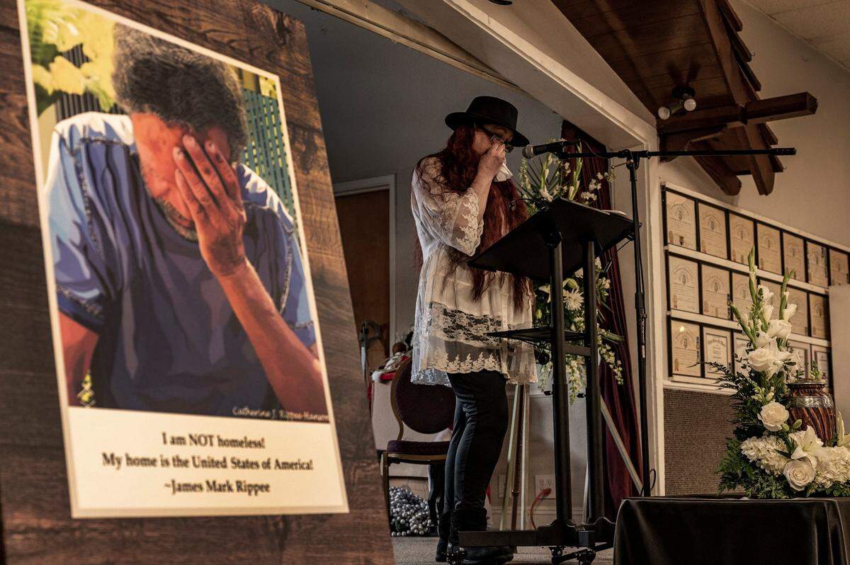 Catherine J. Rippee-Hanson wipes tears while giving an emotional eulogy about her brother James Mark Rippee, pictured at left, during his memorial service in Vacaville on Friday. Her brother died in November and had been blind, mentally ill and homeless for 16 years.