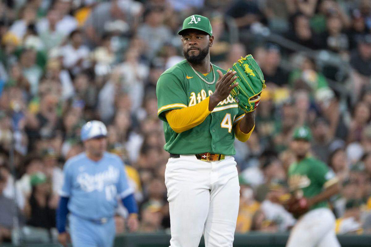 Athletics pitcher Luis Severino (40) reacts after Kansas City Royals shortstop Bobby Witt Jr. (7) flies out in the third inning during a game at Sutter Health Park in West Sacramento on Wednesday. 