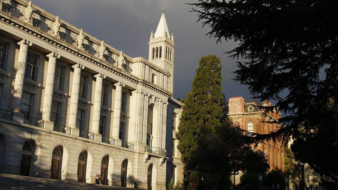 Late light falls on Wheeler Hall, South Hall and the Campanile on the University of California campus in Berkeley, California, in 2014.