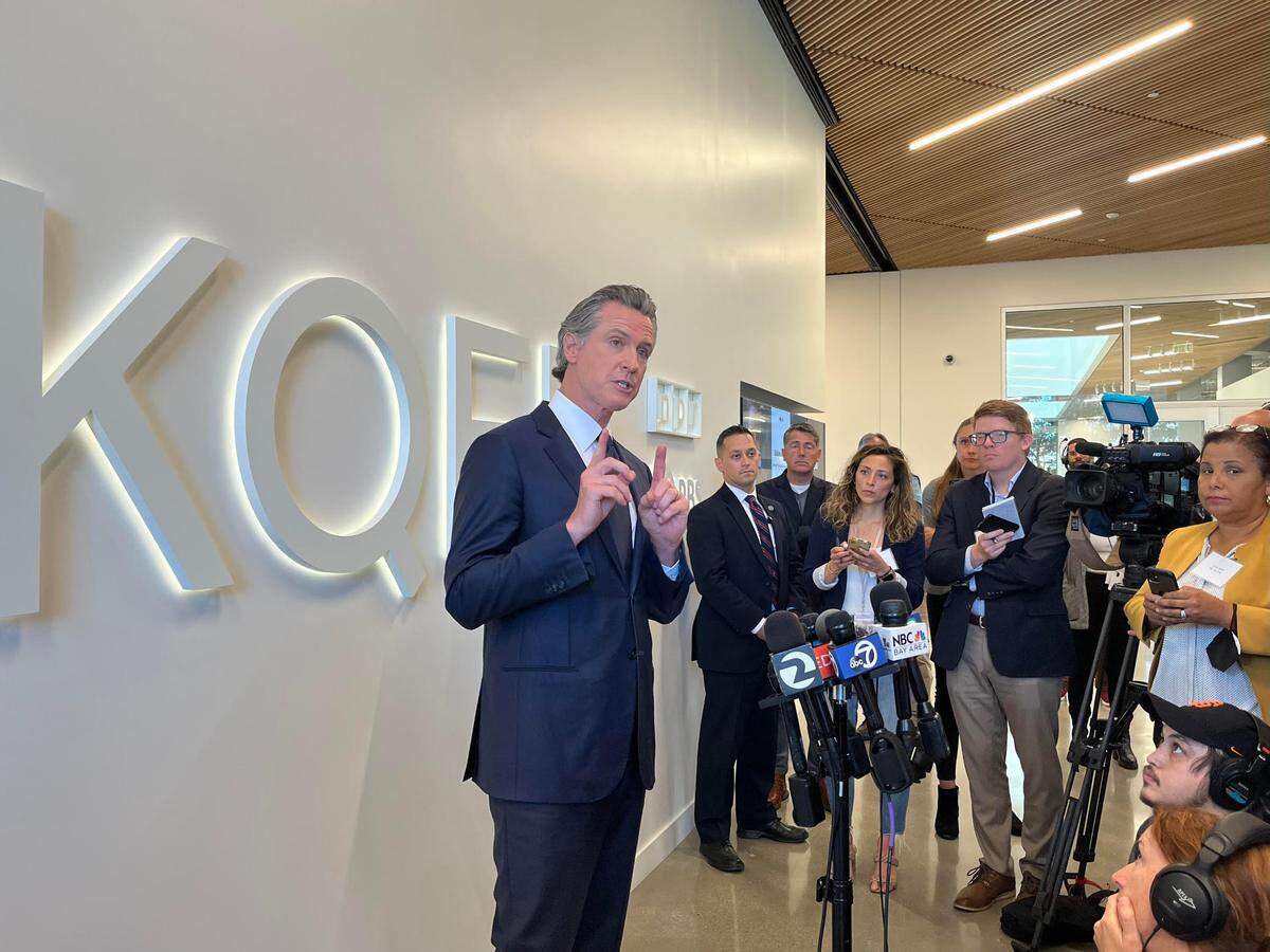 Gov. Gavin Newsom speaks to members of the press on Sunday at the KQED radio headquarters in San Francisco.