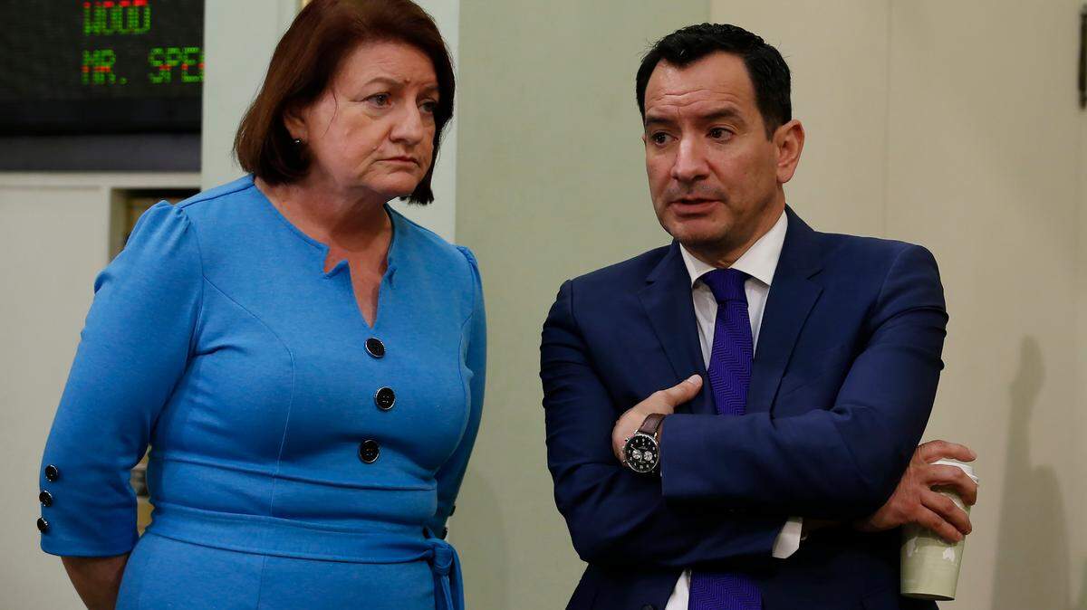 In this Feb. 19, 2020 file photo, Senate President Pro Tem Toni Atkins, of San Diego, left, and Assembly Speaker Anthony Rendon, of Lakewood, at the Capitol in Sacramento, Calif.