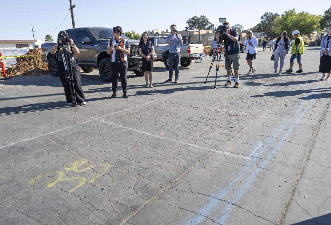 Numbers mark the spot Thursday where tiny homes will be installed at the city of Sacramento’s Roseville Road Shelter-and-Service Campus.