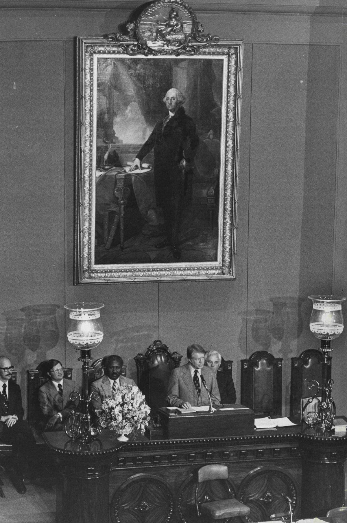 Jimmy Carter speaks to the California Senate while campaigning for the Democratic nomination for president in May 1976.