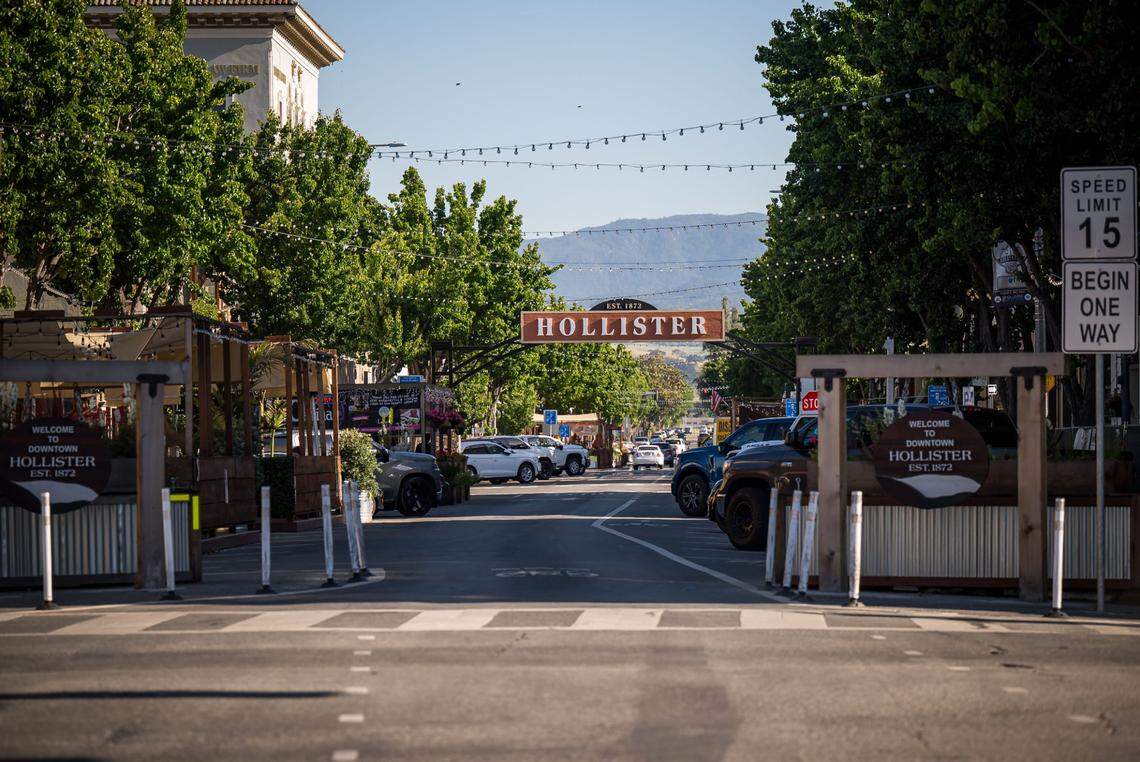 The entry to downtown Hollister is seen May 19, 2023.