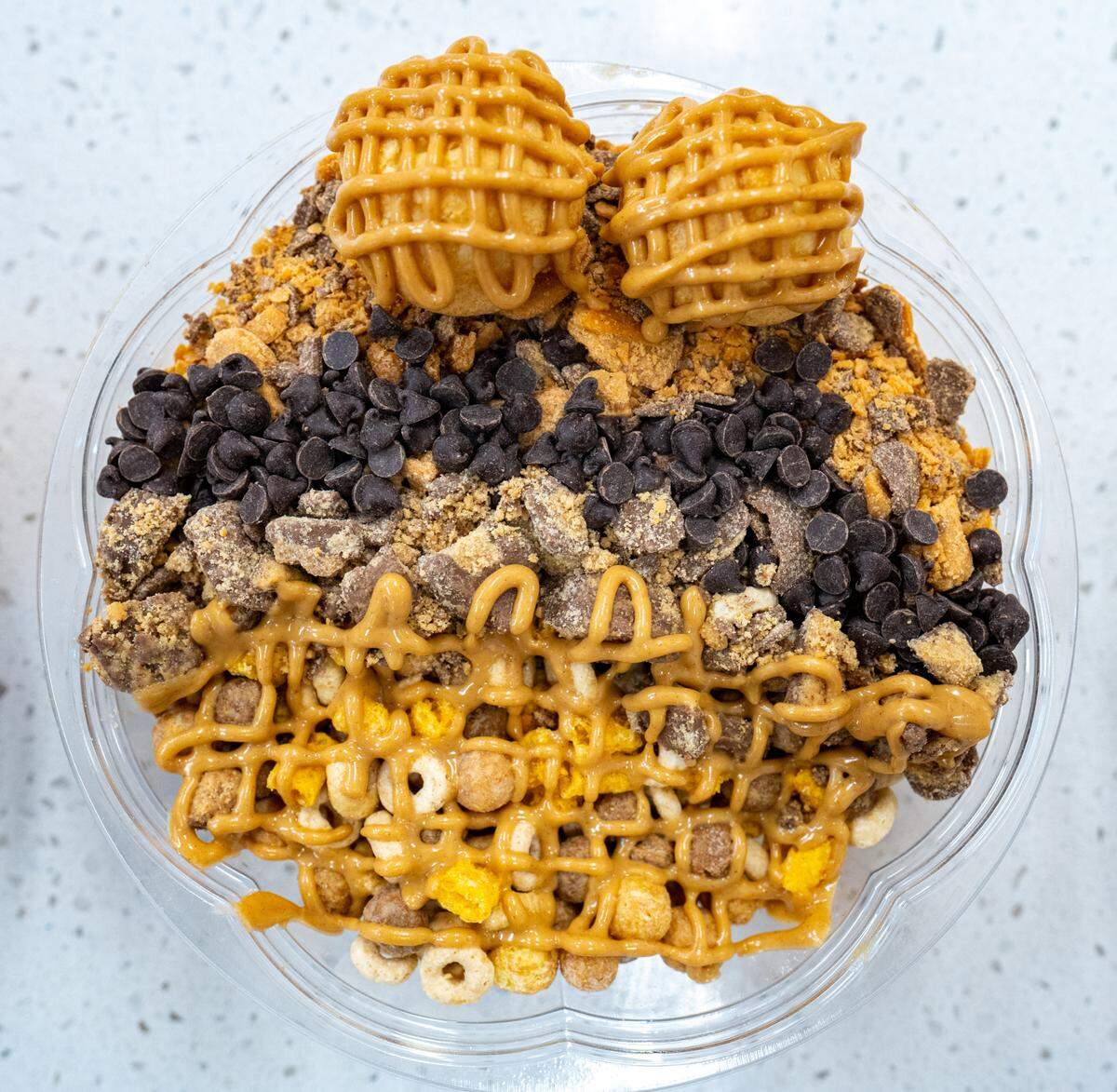 The captain caveman is filled with Captain Crunch, Reese’s Puffs, Rice Krispies, Honey Nut Cheerios and more.