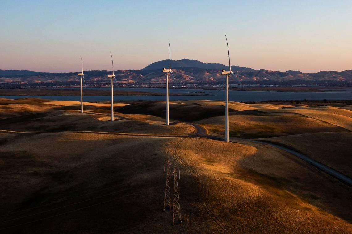 Wind turbines on the Montezuma Hills in Solano County, overlooking Broad Slough and the Sacramento-San Joaquin Delta, produce renewable energy May 13, 2022, powered by the Delta Breeze and currents that blow in from the San Francisco Bay Area.