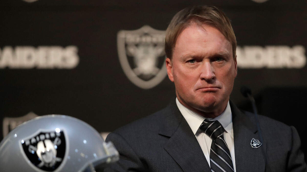 Oakland Raiders coach Jon Gruden listens to questions from the media during a news conference regarding the signing of wide receiver Antonio Brown on March 13 in Alameda.