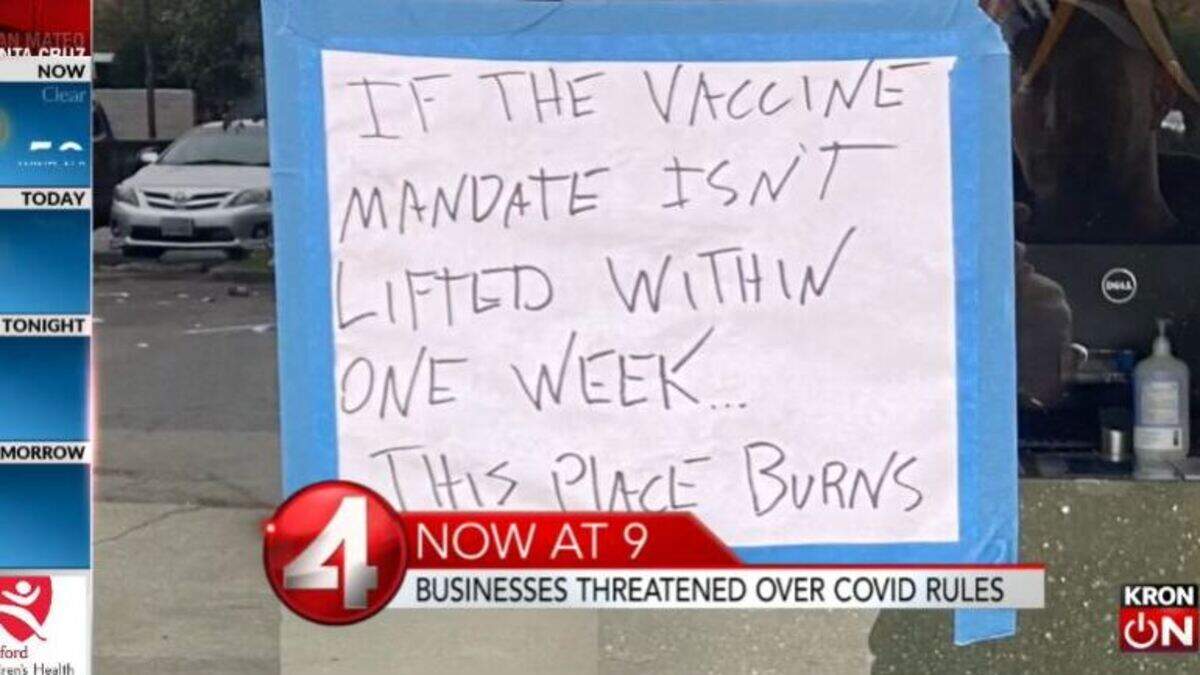 Authorities are investigating notes left at a bar and gym in Marin County, California, threatening to burn them down if they don’t end vaccine rules on patrons.