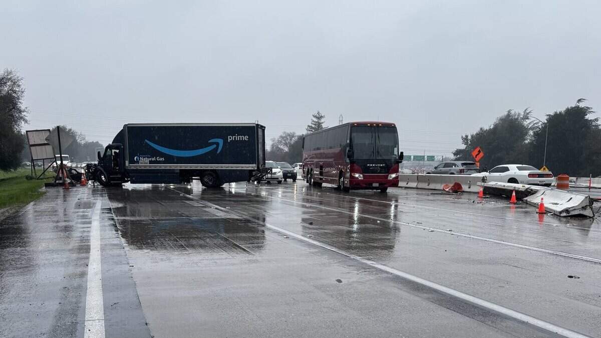 An Amazon semitruck crashed into concrete barriers on Highway 50 near Howe Avenue in Sacramento County on Saturday, Feb. 1, 2025, and ending up in oncoming traffic, prompting multiple lanes to be closed for hours.
