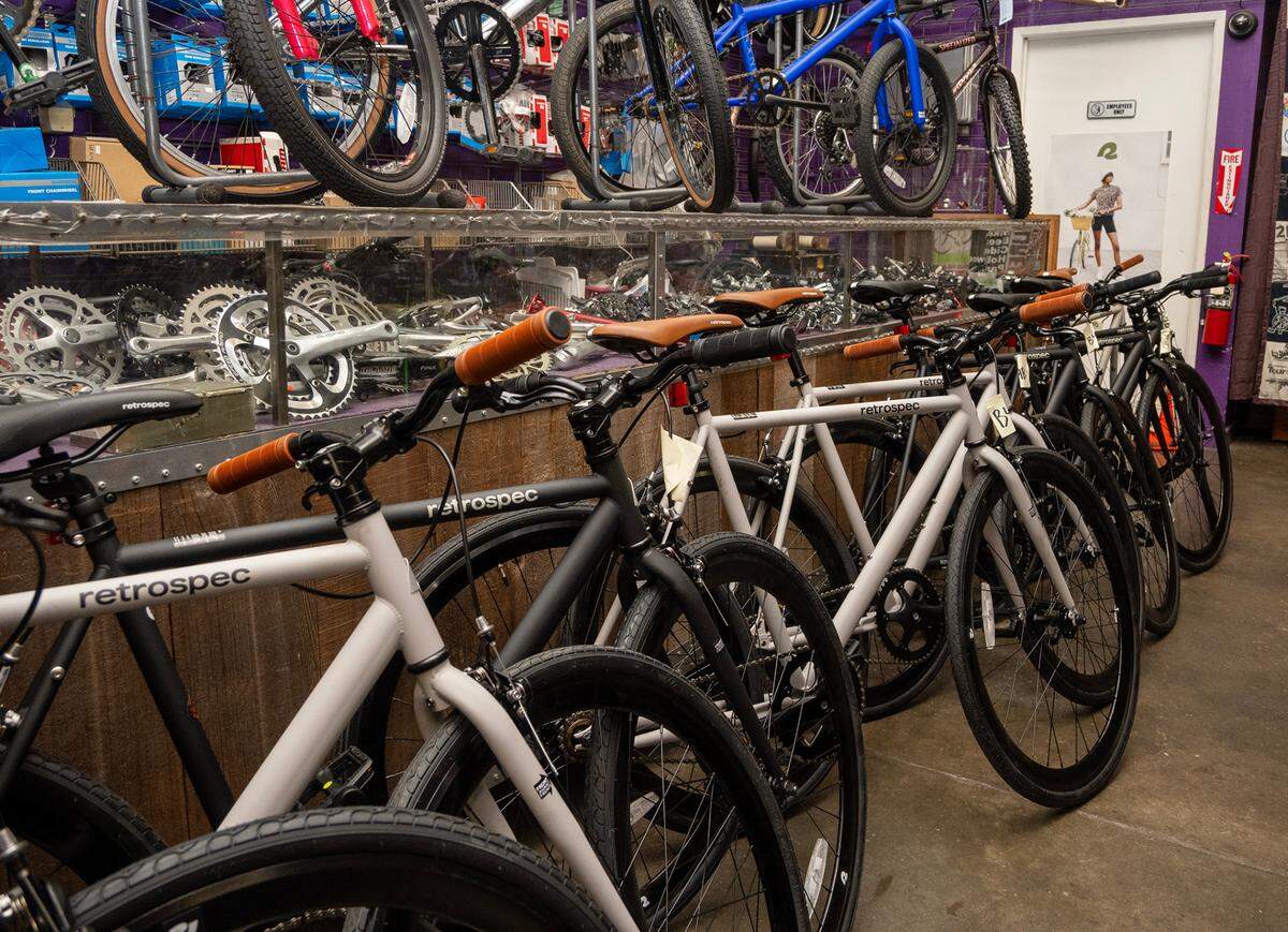 Retrospec bicycles are ready to be picked up by the Boys 4 Bikes organization from Sutterville Bicycle Company.