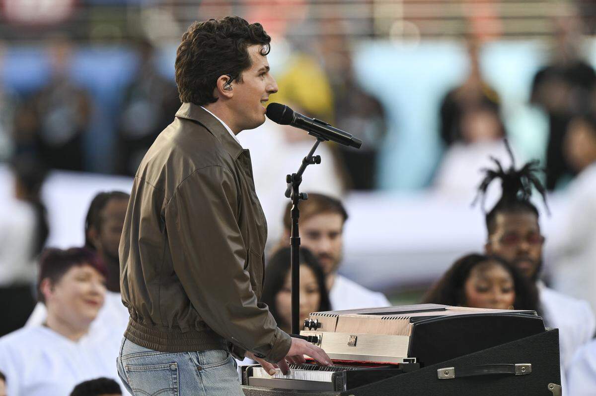 Singer Charlie Puth sings the national anthem before the start of Super Bowl LX at Levi’s Stadium in Santa Clara on Sunday, Feb. 8, 2026.