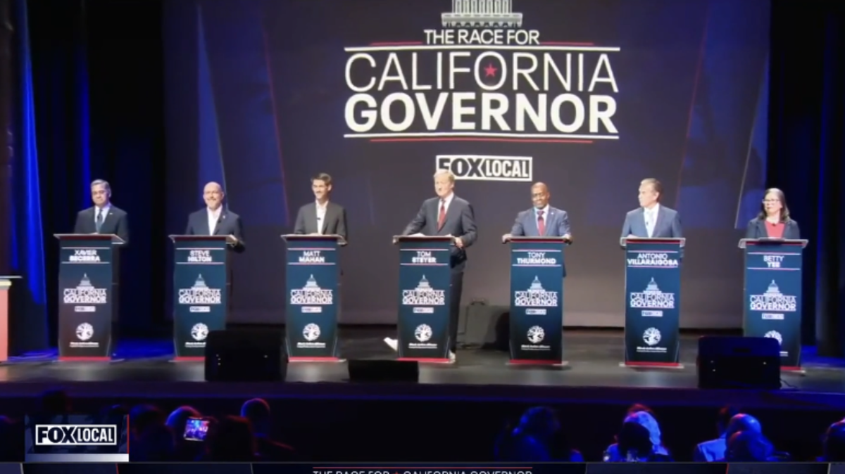 Candidates for California governor participate in a debate hosted by KTVU Fox 2 in San Francisco in an image from video on Wednesday. 