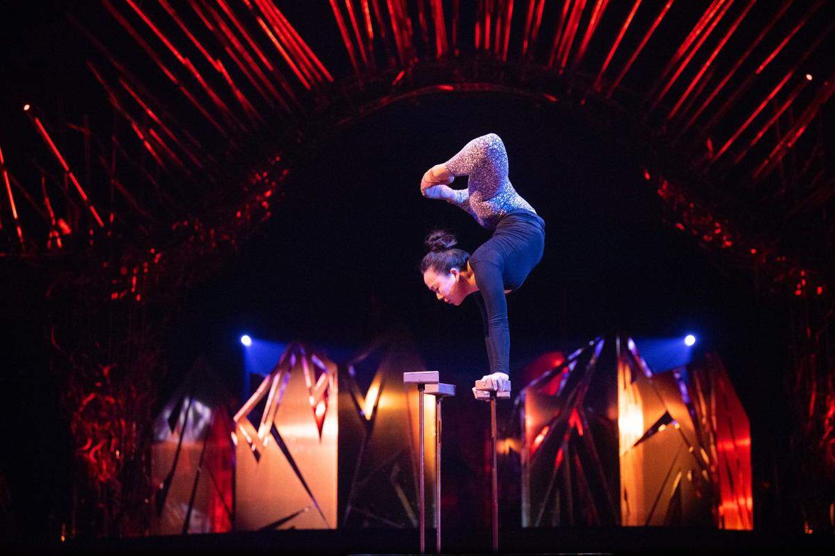 Hand balancing contortion artist Oyun-Erdene Senge rehearses for the Cirque du Soleil production of Alegría at Sutter Health Park in West Sacramento on Wednesday, July 27, 2022.