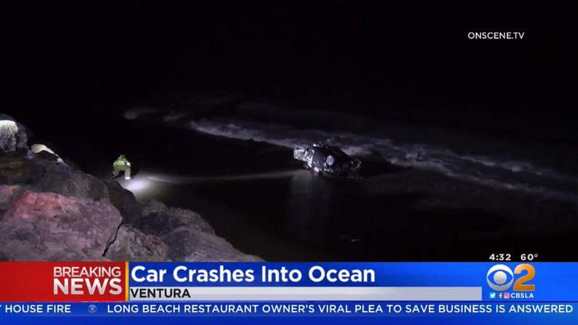 A woman died when her car flew off the Pacific Coast Highway, landing upside-down in the surf on a Ventura County, California, beach, rescuers say.