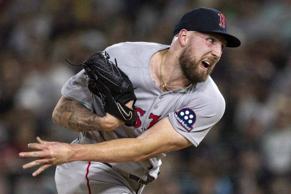 Boston Red Sox pitcher Garrett Crochet (35) throws a pitch during a game between the Athletics and the Red Sox at Sutter Health Park in West Sacramento on Monday.