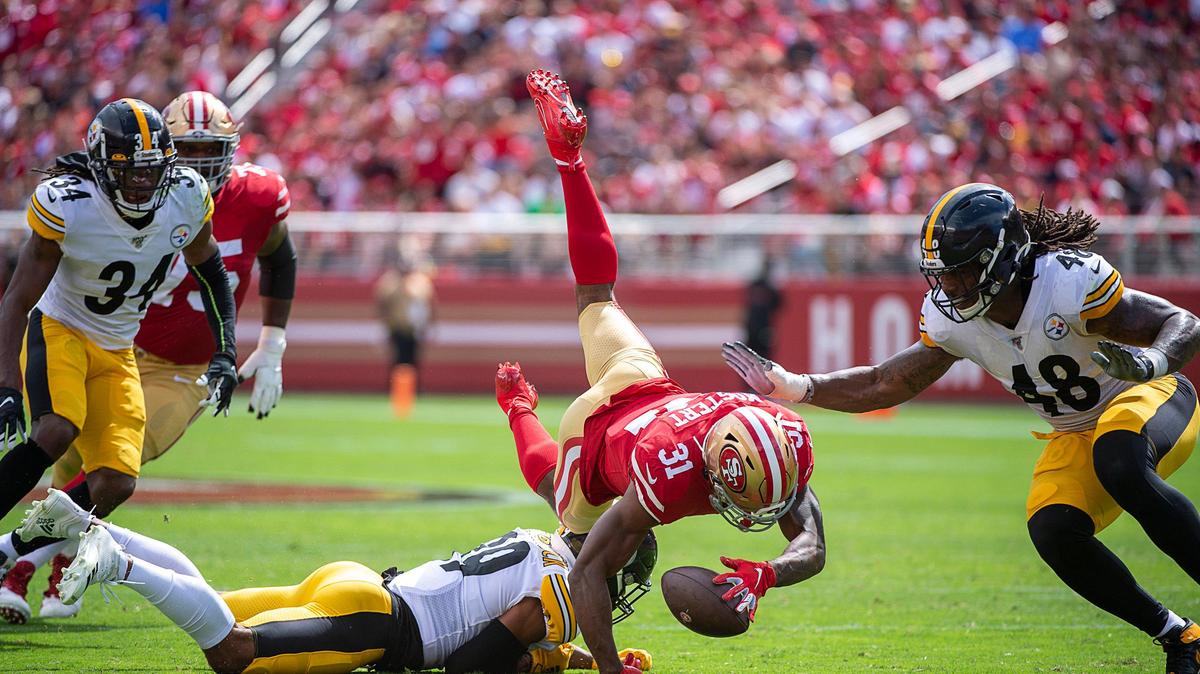 San Francisco 49ers running back Raheem Mostert (31) fumbles the ball against the Pittsburgh Steelers in the second quarter during a game at Levi’s Stadium on Sunday, Sept. 22, 2019 in Santa Clara. It was recovered by outside linebacker Bud Dupree (48).