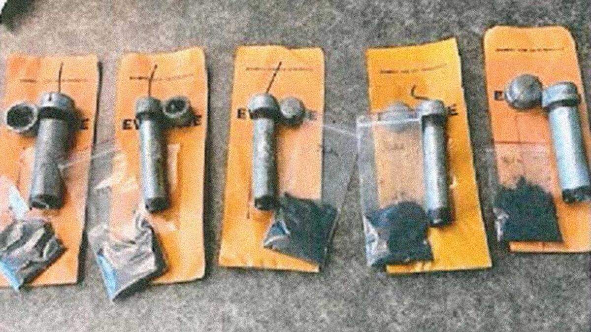 Five improvised explosive devices that federal agents said they seized from the Napa home of Ian Benjamin Rogers are seen in an undated photo accompanying an indictment against Rogers and Jarrod Copeland of Vallejo. The men were charged with plotting to blow up the Democratic Party’s headquarters in Sacramento, a bombing they hoped would be the first in a series of politically-motivated attacks, federal prosecutors said Thursday.