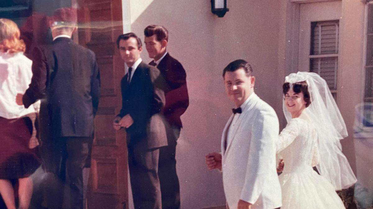 The author (far right) on her wedding day, being escorted into the church by her older brother, Buzz, on Oct. 24, 1965.