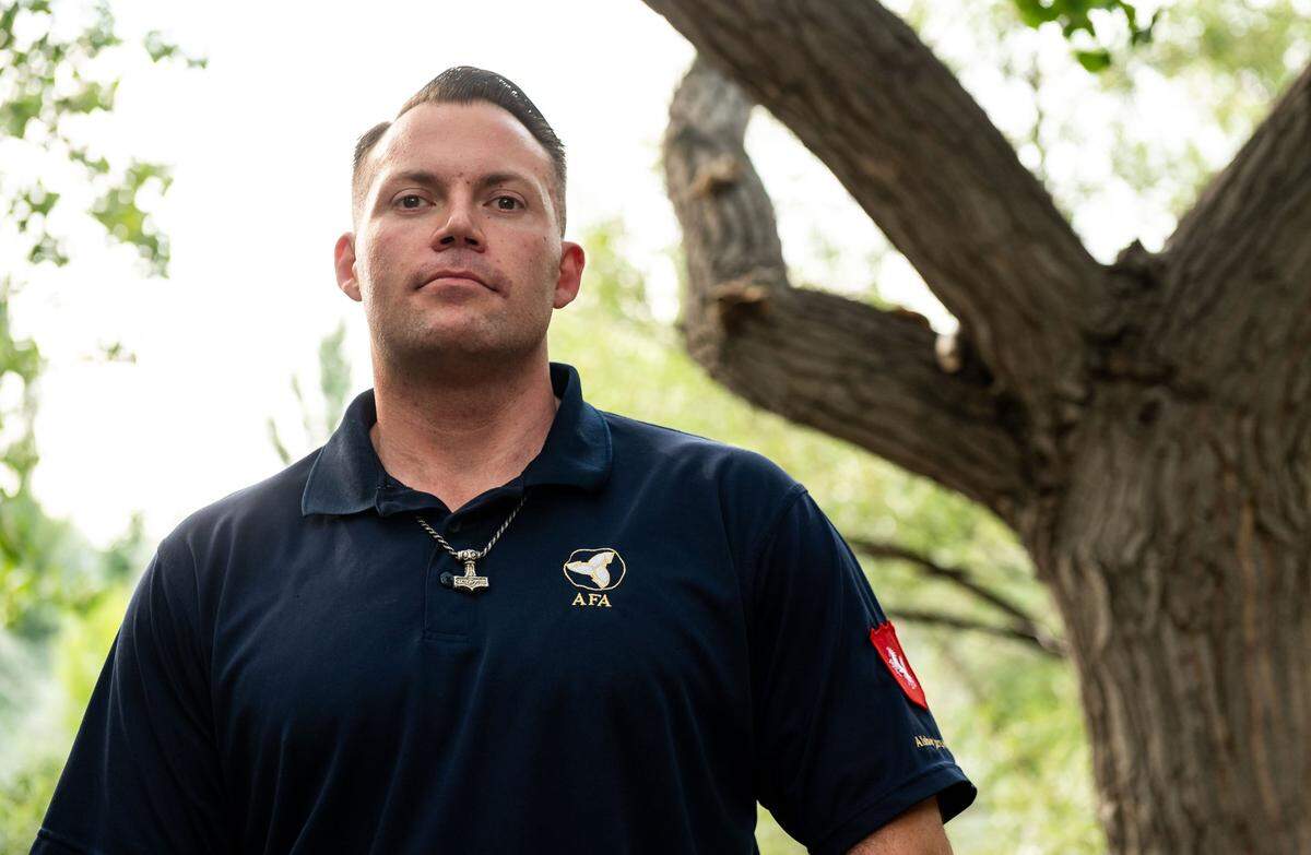 Matthew&nbsp;Flavel, who leads the Asatru Folk Assembly in the role of “Alsherjargothi” is pictured on July 30, 2021, at Ivan Sack Park in Reno, Nevada. Flavel became the leader of the religious group after Stephen McNallen, who founded the pagan whites-only group, took a lower profile.