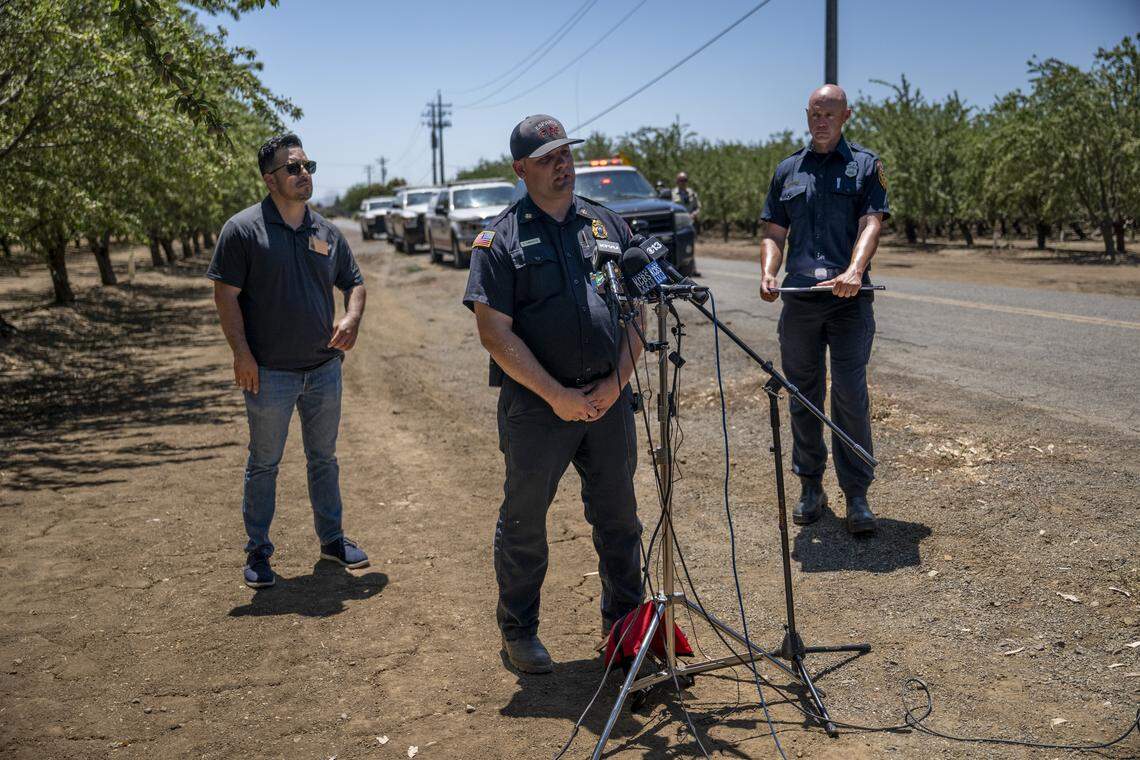 Esparto Fire Chief Curtis Lawrence delivers remarks at a news conference on July 2 about the fire and explosion at a pyrotechnics facility in Esparto the day before.