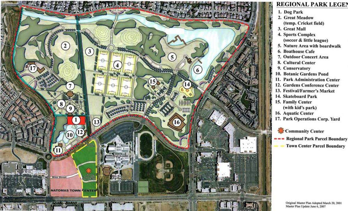 A site plan, updated in 2007, shows amenities planned for North Natomas Regional Park. Kaplan proposes 10 soccer fields for the park. 