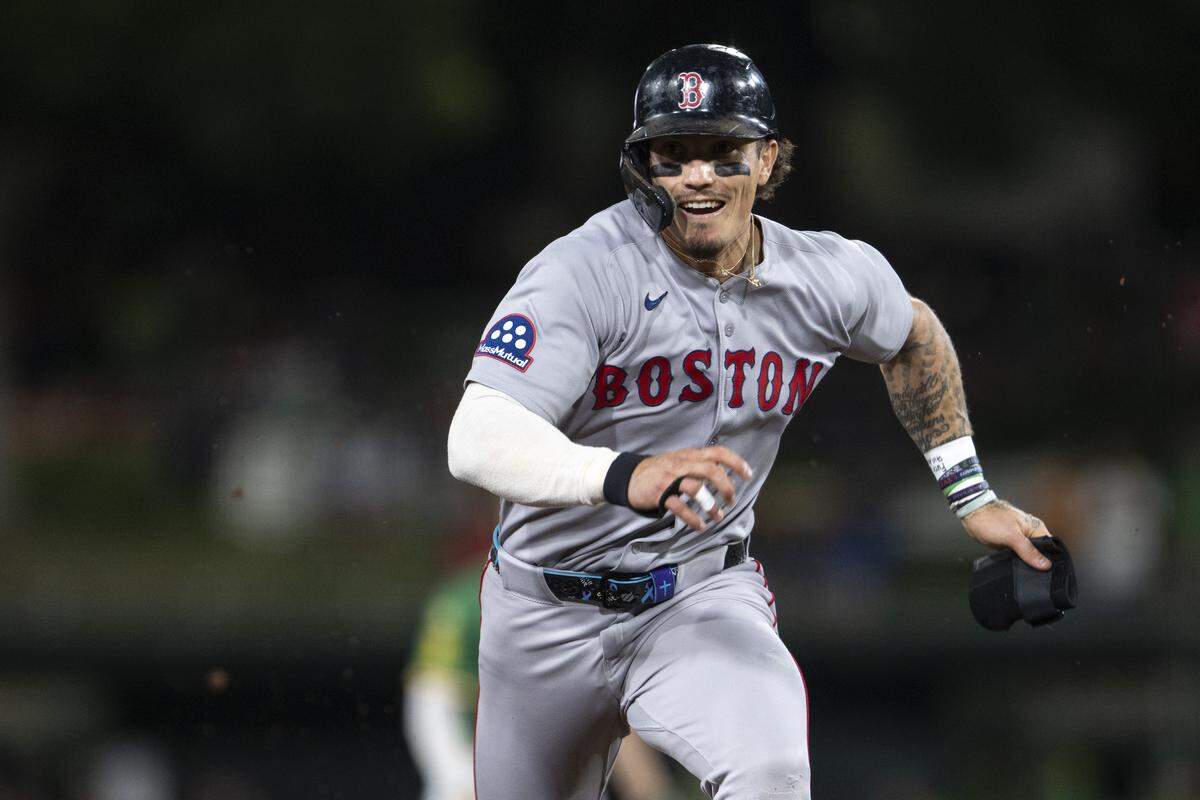 Boston Red Sox outfielder Jarren Duran (16) runs to third base during a game between the Athletics and the Red Sox at Sutter Health Park in West Sacramento on Monday, Sept. 8, 2025.