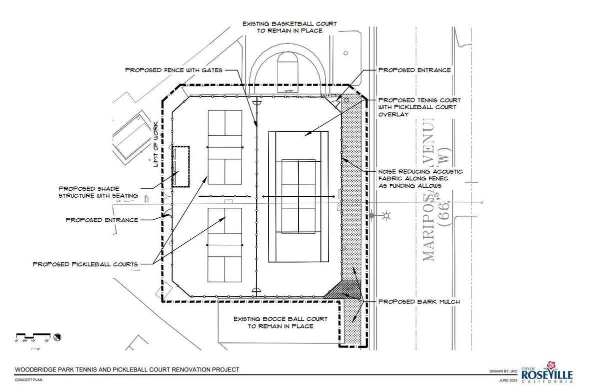 The concept plan for the Woodbridge Park tennis and pickleball court renovation includes new pickleball and tennis courts.