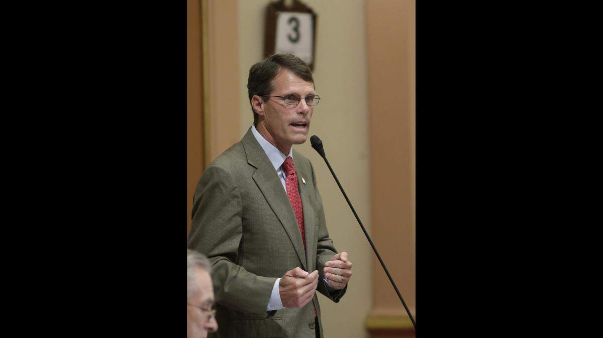 FILE -- In this July 3, 2014 file photo state Sen. Ted Gaines, R-Roseville, addresses the state Senate at the Capitol in Sacramento, Calif. Gaines is running for Insurance Commissioner against incumbent Dave Jones, a Democrat.