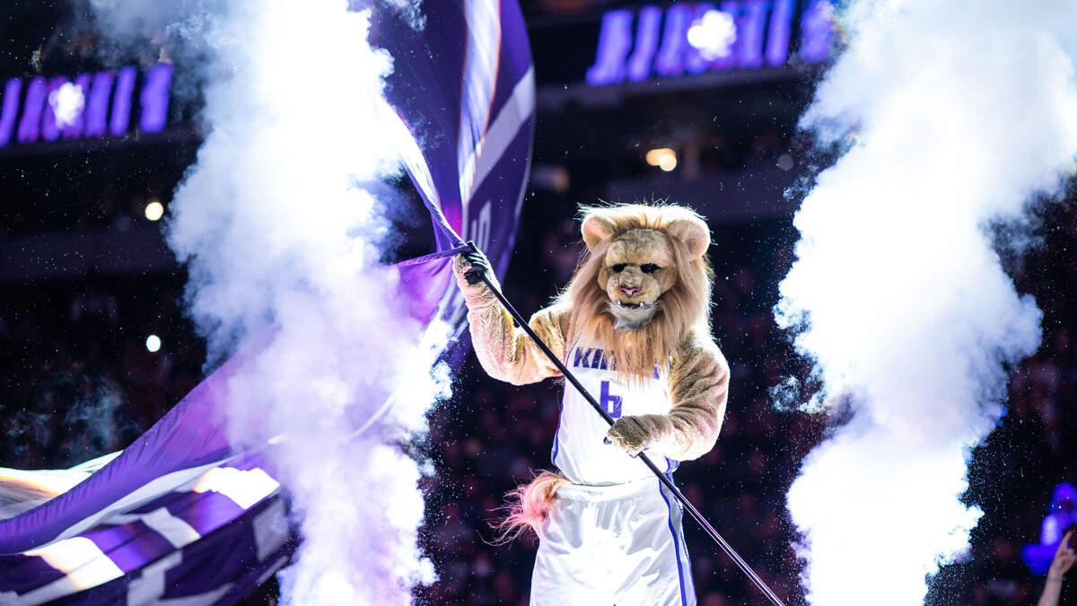Slamson the Lion waves a Sacramento Kings flag before their NBA basketball game against the Toronto Raptors on Wednesday, Jan. 25, 2023, at Golden 1 Center in Sacramento.