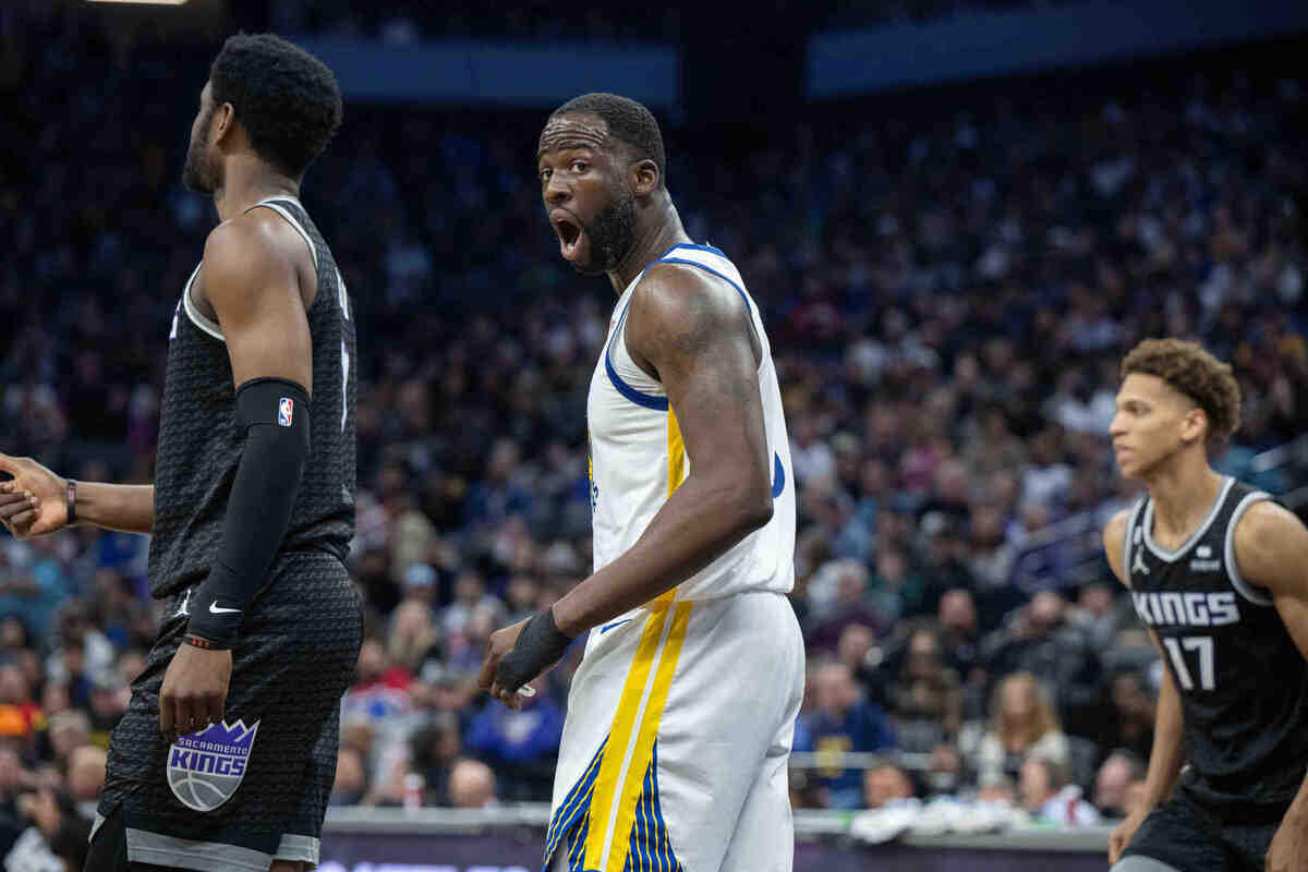 Golden State Warriors forward Draymond Green (23) reacts to a call during an NBA game between the Sacramento Kings and the Golden State Warriors on April 7 at Golden 1 Center.