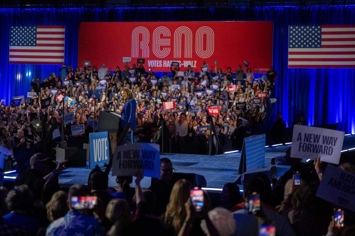Democratic presidential candidate Vice President Kamala Harris, speaks during a campaign stop at the Reno Events Center on Thursday.