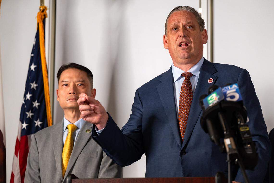 State Sen. Tony Strickland, R-Huntington Beach, joined at the podium by Assemblyman Tri Ta, R-Westminster, speaks during a Monday news conference at the California Republican Party headquarters in Sacramento about an emergency petition he and other GOP lawmakers filed to with the California Supreme Court to stop Proposition 50, the redistricting initiative.