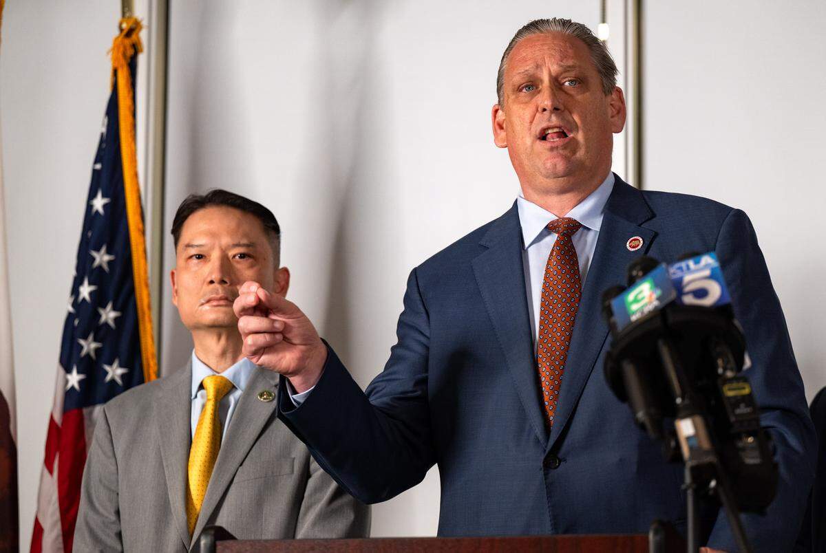 State Sen. Tony Strickland, R-Huntington Beach, joined at the podium by Assemblyman Tri Ta, R-Westminster, speaks during a Monday news conference at the California Republican Party headquarters in Sacramento about an emergency petition he and other GOP lawmakers filed to with the California Supreme Court to stop Proposition 50, the redistricting initiative.