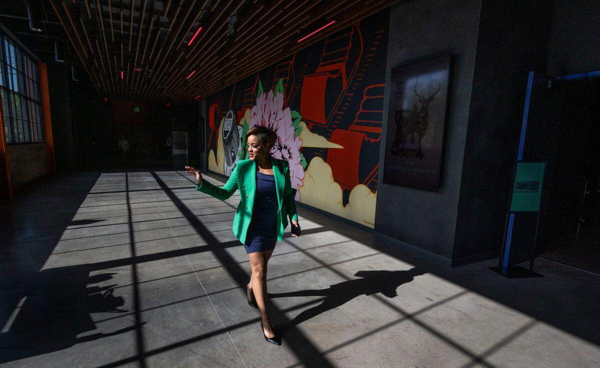 Melanie Townsend, a news anchor and reporter for Fox 40, leaves Channel 24 in midtown Sacramento on Wednesday, after participating in a media tour. The music venue will have its grand opening on Thursday.