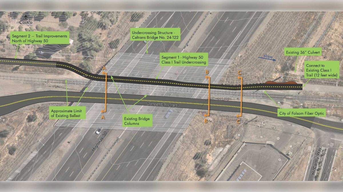 A rendering shows the proposed Highway 50 bike and pedestrian undercrossing near East Bidwell Street in Folsom. The City Council voted on Dec. 9 to approve funds for the preliminary engineering and design of the city’s first cross-freeway bike trail.