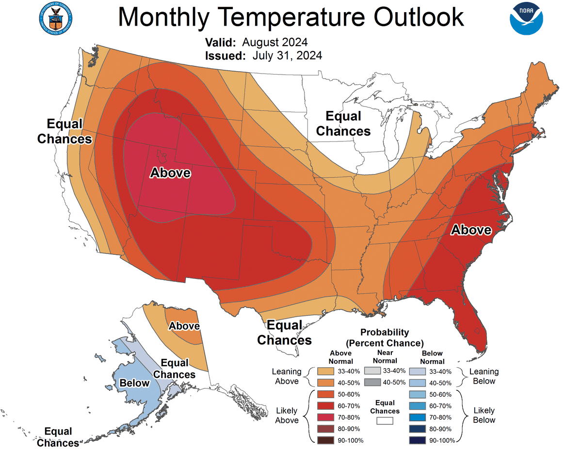 The National Weather Service’s Climate Prediction Center predicts equal to above-normal temperatures in California. The forecast was issued on July 31, 2024, and is valid for August 2024.
