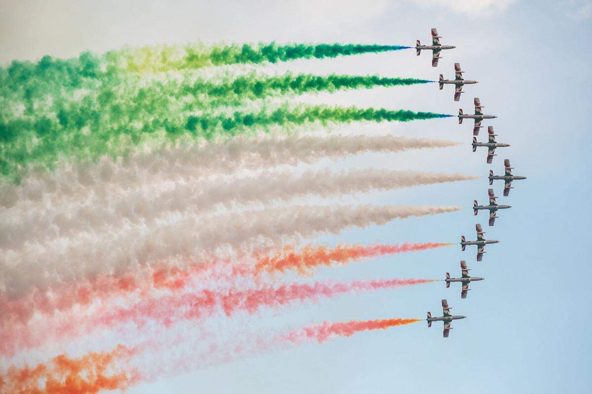 Nine Frecce Tricolori release green, white and red smoke, the national colors of Italy, during the California Capital Airshow at Mather Airport near Rancho Cordova on Saturday, July 13, 2024. This airshow was the Italian team’s only performance in the western United States.